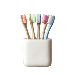 Colorful toothbrushes in a white, ceramic holder