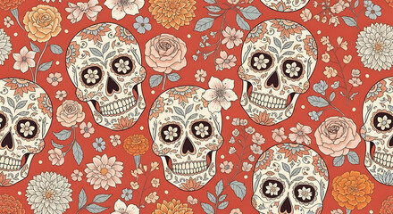 Seamless folk art pattern with decorated sugar skulls and marigold flowers for a celebration