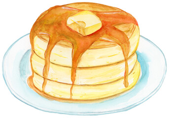 手描き水彩の皿にのった美味しそうなホットケーキのイラスト / Hand-drawn Watercolor Illustration Pancakes