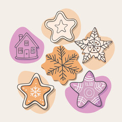 Whimsical hand drawn christmas cookies shaped like stars snowflakes and a house on a light background