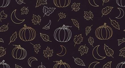 Celestial autumn seamless pattern with minimalist line art of pumpkins, leaves, and moons