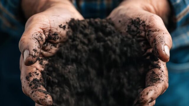 An old, weathered pair of hands cradles rich soil, a small seedling emerging. Blue background