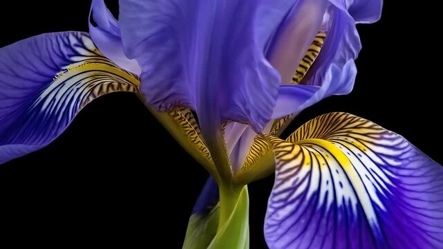 Close up of a vibrant purple iris flower with intricate details on a black background.