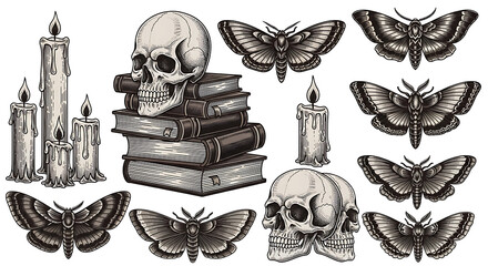 Collection of Gothic Skulls, Mystical Moths, and Ancient Books with Burning Candles Illustrations