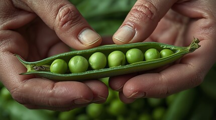 Close-up of hands holding a fresh pea pod with vibrant green peas, showcasing the beauty of nature's bounty.