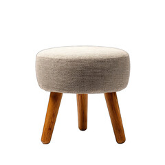 Padded stool with wood legs; centered, on black
