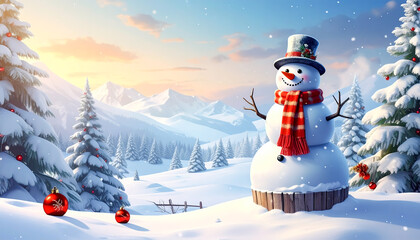 Merry Christmas greeting with snowman beside cylindrical product display in snowy winter scene.