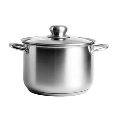 Silver metal pot with glass lid, handles, dark backdrop