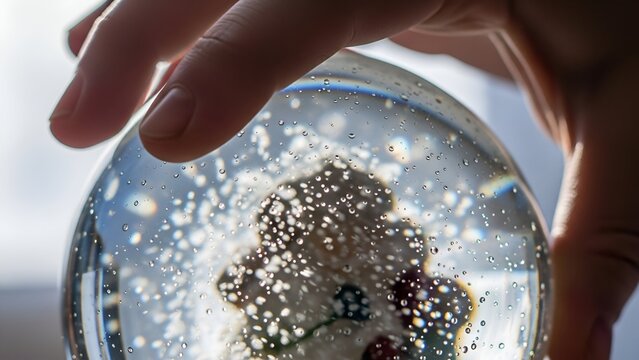 Close-up of a hand holding a snow globe containing a snowman figure surrounded by swirling white particles, creating a wintery scene.