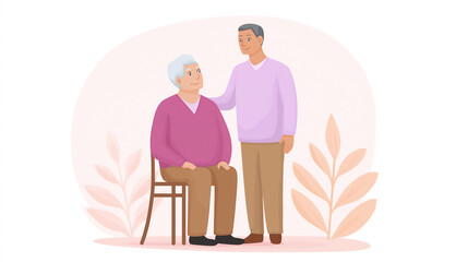 Vector illustration of elderly person with caregiver offering help, symbolizing support, compassion, healthcare, and intergenerational connection with warm atmosphere and copy space available.