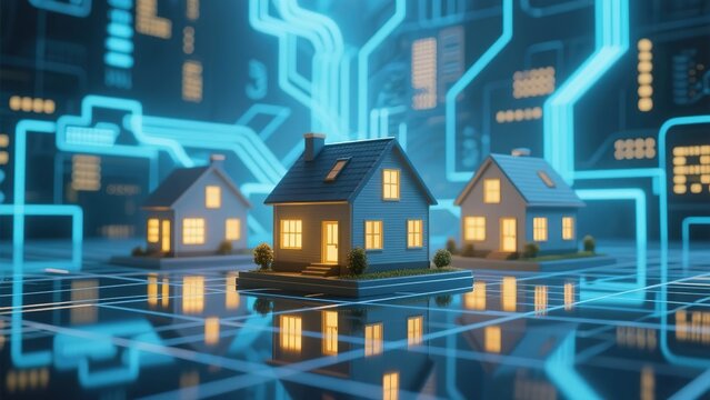 Digital houses integrated into a futuristic circuit board environment with glowing pathways and reflections.