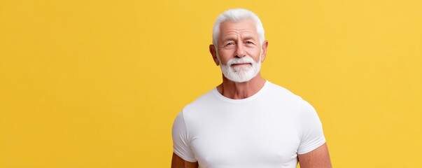 Senior man with gray hair and beard, wearing a white t-shirt, stands confidently against a vibrant yellow background, showcasing a cheerful and positive demeanor