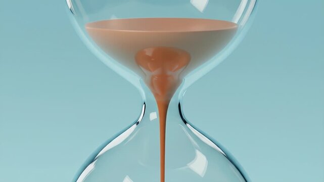 Close up of an hourglass with sand flowing through the neck.