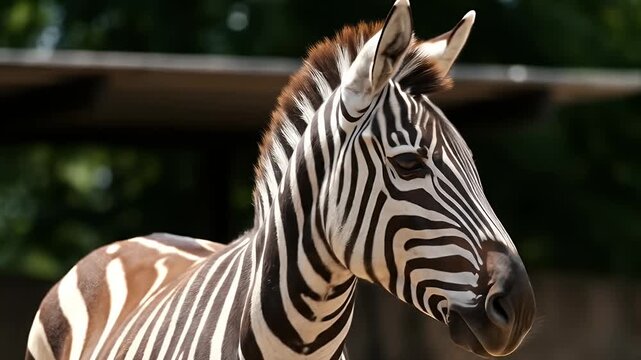 Close up of a zebra with distinctive black and white stripes in natural light.