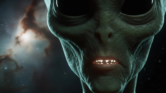 Close up of an alien face with large black eyes and green skin in outer space.