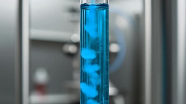 Close up of blue liquid with white blobs in a test tube in a lab.