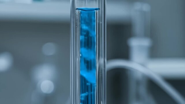 Close up of blue liquid swirling inside a laboratory test tube.