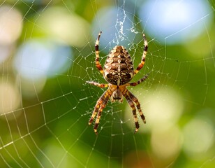 A large garden spider sits in the center of its web