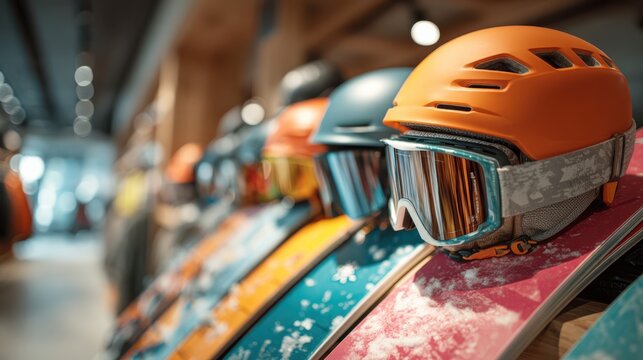 A row of colorful ski helmets with goggles displayed on snowboards inside a ski shop, highlighting winter sports gear.