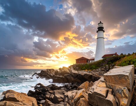 A coastal lighthouse against a dramatic sunset sky