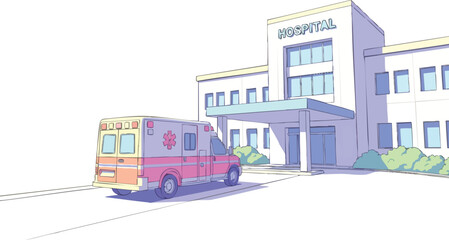 Vector style Ambulance at a hospital light colors simple illustrative scene