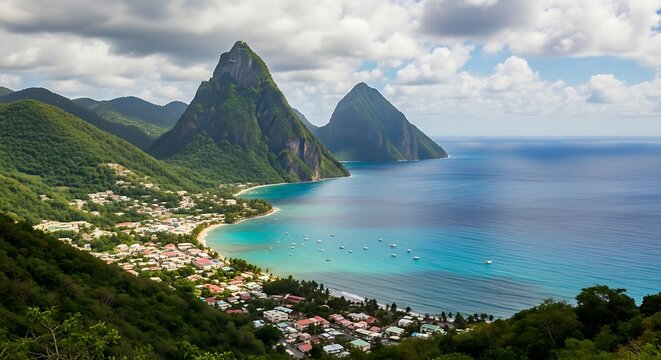 Scenic View of Saint Lucia with Pitons and Turquoise Waters.