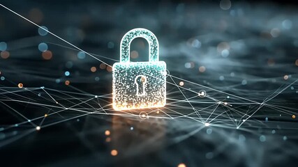 Digital lock symbolizing cybersecurity amidst a network of glowing connections and data streams - Powered by Adobe