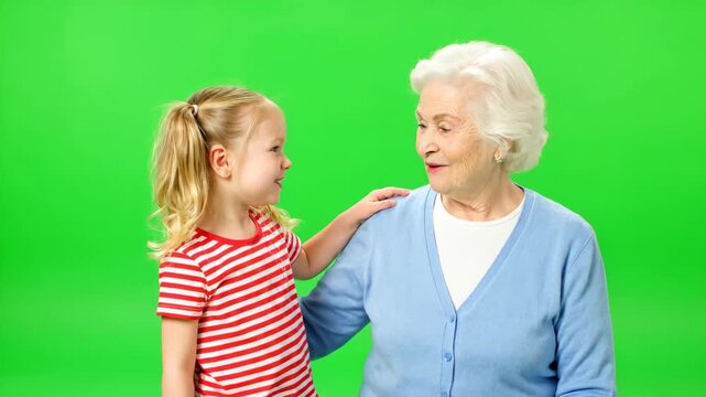 Grandmother and Granddaughter Smiling on Green Screen Background