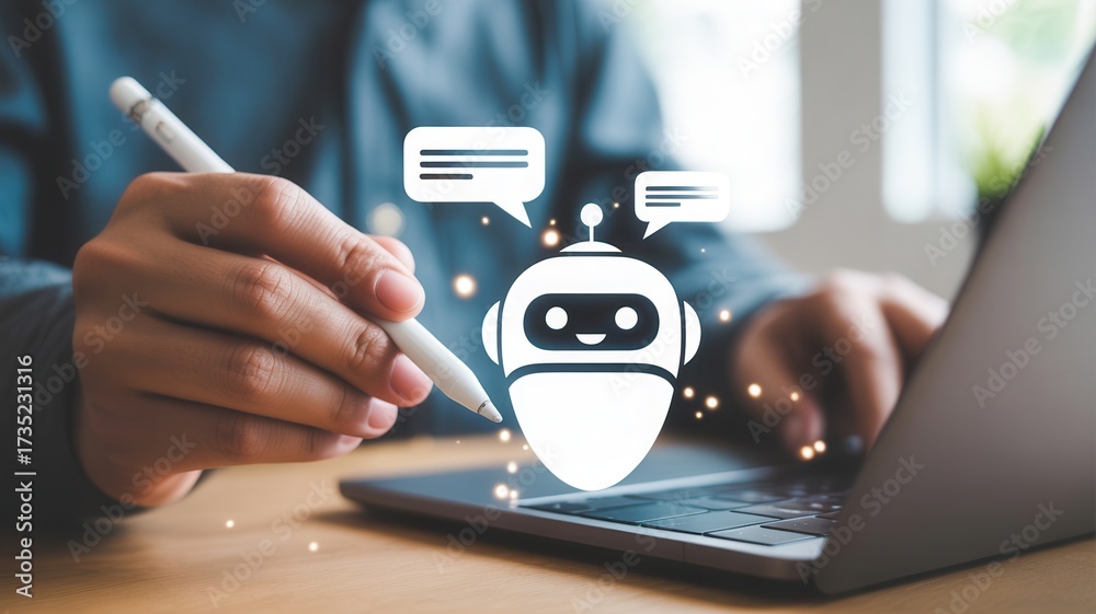 Wall mural dynamic ai chatbot interface engages user on laptop screen, symbolizing future of digital communicat