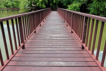 Obraz premium Pond crossing wooden bridge perspective view background