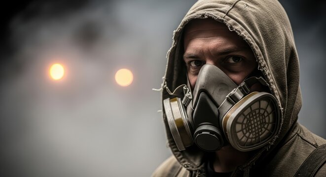 A man wearing a gas mask and a hoodie stands amidst smoke with two blurred lights in the background - Powered by Adobe