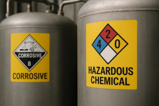 Chemical storage tanks with hazardous material warning labels. Safety signage indicates corrosive substances and flammability risks.