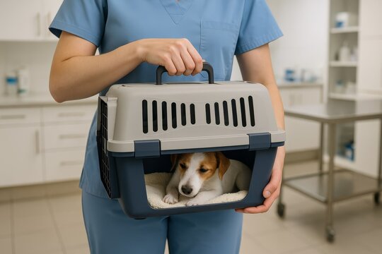 Veterinarian carries a cute puppy in a pet carrier for examination. Comforting care for a tiny patient.