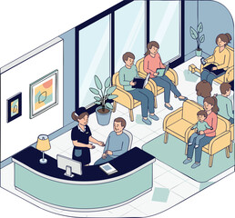 Waiting room scene with people seated standing near a reception desk with two framed pictures on a wall