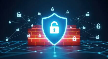A digital illustration showing a firewall with a shield and multiple lock icons connected by lines