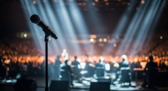 A microphone stands on stage with orchestra and audience under bright spotlights in a concert hall