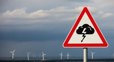A warning sign with lightning and wind turbines in the background under a cloudy sky on a sunny day