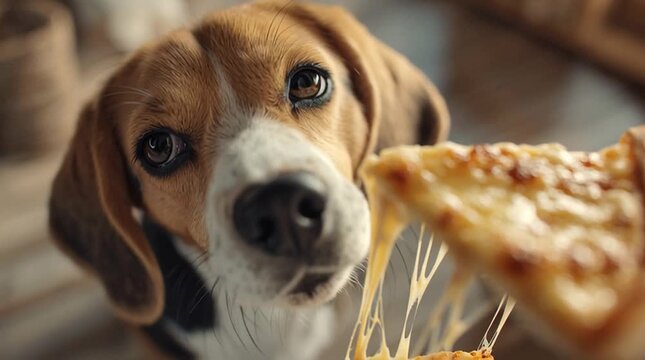 Beagle dog staring at slice of pizza with melted cheese
