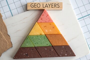Geometric dessert slices arranged in layered colorful triangle