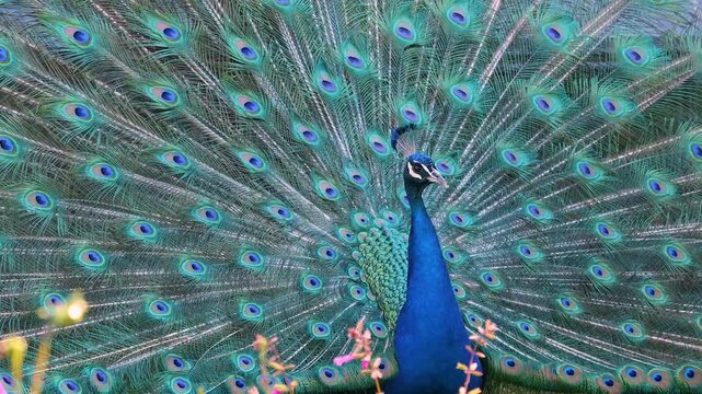 Close up ofa peacock with feathers open turning and moving around ona sunny day