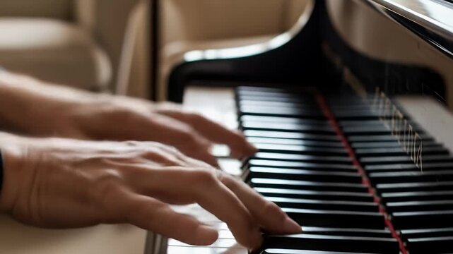 Close up of hands playing a grand piano with focus on the keys.