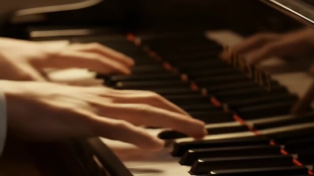Close up of hands playing a grand piano with soft lighting.