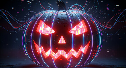 Cyberpunk jack-o-lantern with a sinister grin glowing with red and blue neon light trails