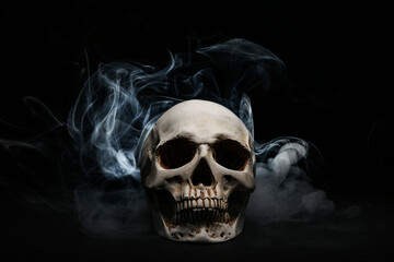 Human skull with smoke on dark background