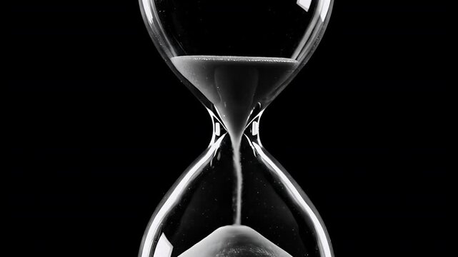 Close up of hourglass with sand flowing against black background.