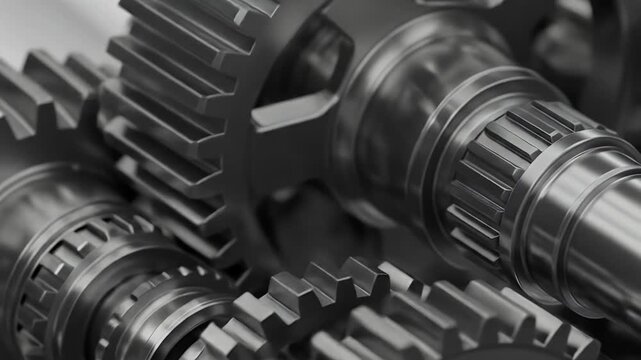 Close up of intricate metal gears interlocking and rotating in a complex mechanism.