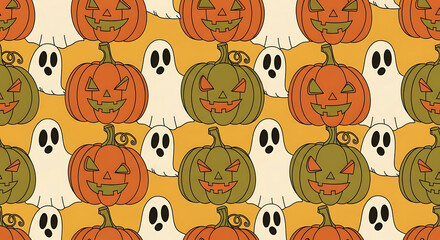 Vintage spooky pattern of whimsical ghosts and carved pumpkins for Halloween decor