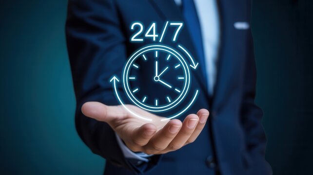 Professional businessman presenting a glowing 24/7 service icon symbolizing constant availability and dedication in business operations