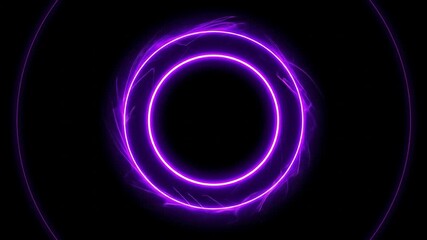 Abstract design of concentric purple neon rings glowing with smoky energy on a dark, black background - Powered by Adobe