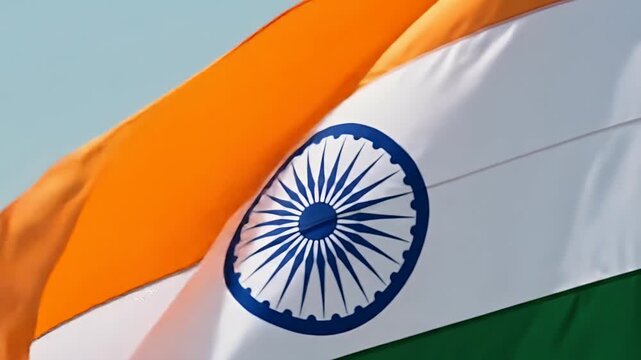 Close up of the Indian flag waving in the wind.